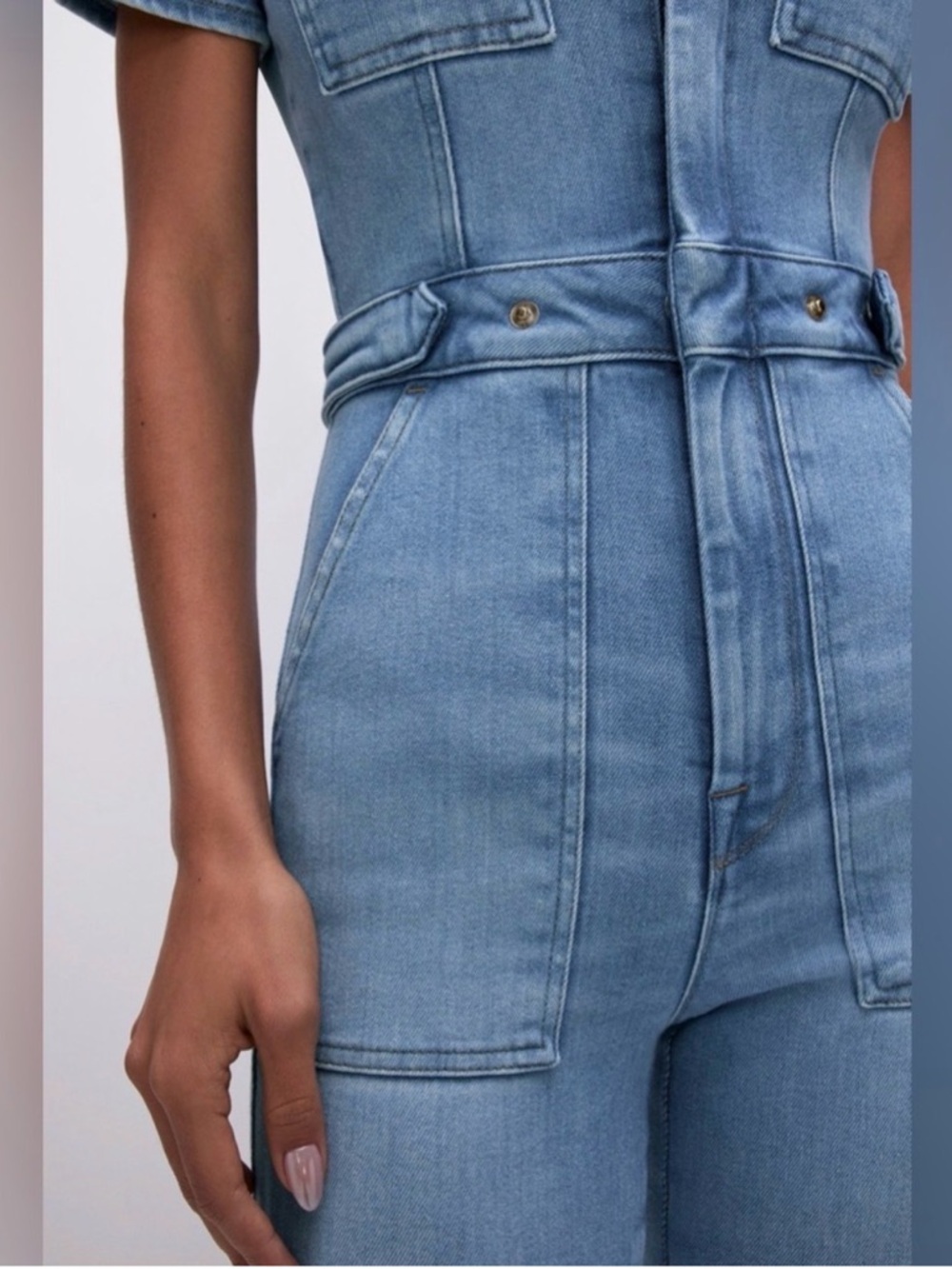 GOOD AMERICAN Light Wash Denim Jumpsuit - Short Sleeve - Picture 3 of 12